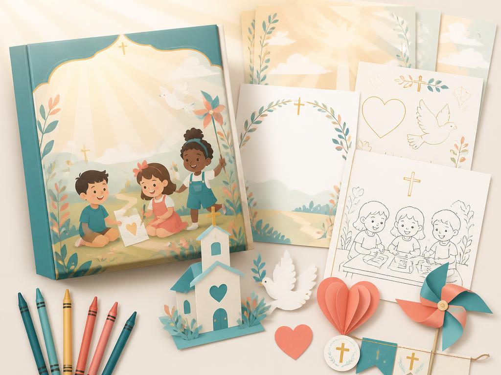 Mockup ilustrativo do kit Fé e Diversão com atividades e materiais criativos
