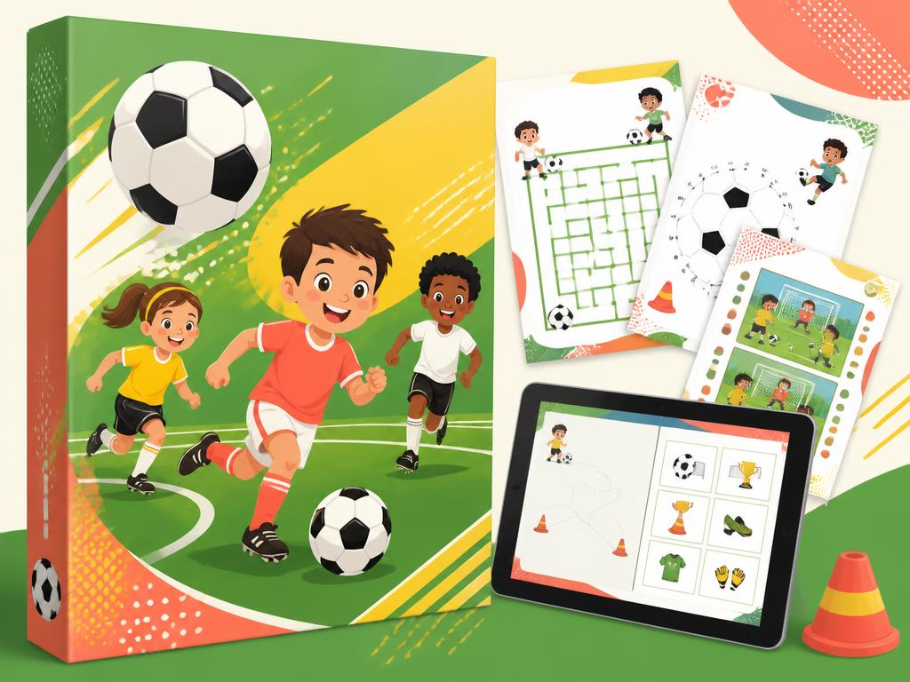 Mockup ilustrativo da Galerinha do Gol com bola de futebol e atividades impressas