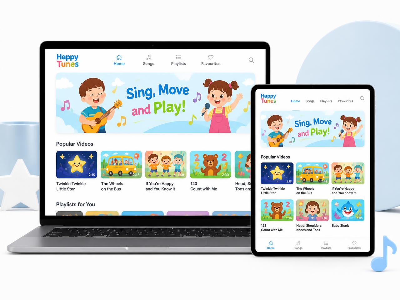 Mockup ilustrativo de vídeos e músicas infantis Pipokando Kids